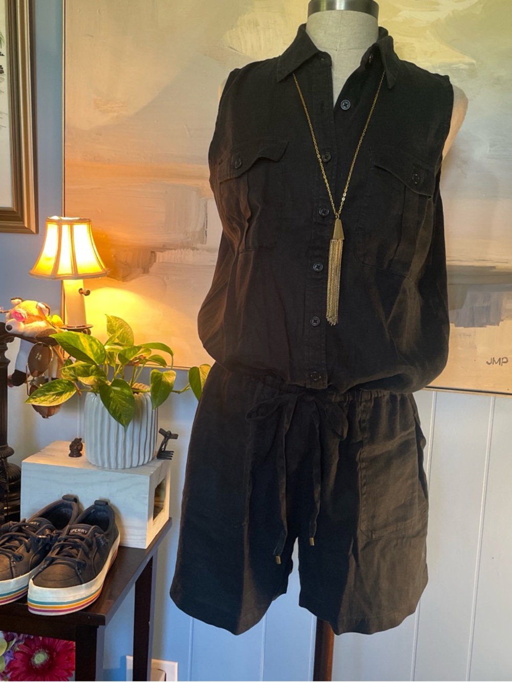 Ralph Lauren Black Sleeveless Button-Front Romper with Drawstring